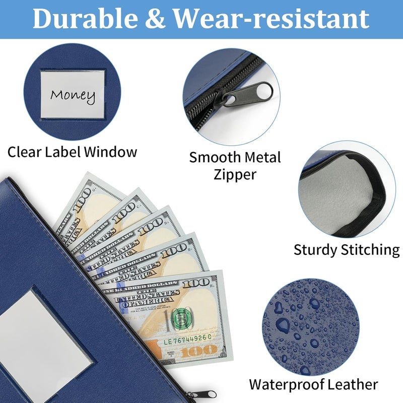 Hoiny 2 Pack Money Bags with Zipper, Bank Pouch with Label, 11 x 6.1 Inch PU Leather Cash Deposit Holder for Coins, Invoice, Bills, Cosmetics, Tools (Navy Blue) - Image 3
